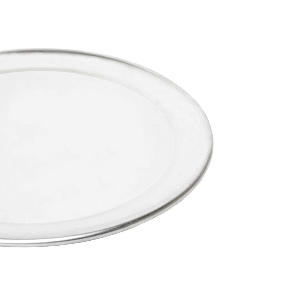 Close-up angle view of the Thunder Group ALPTWR011 aluminum pizza tray highlighting the wide reinforced rim
