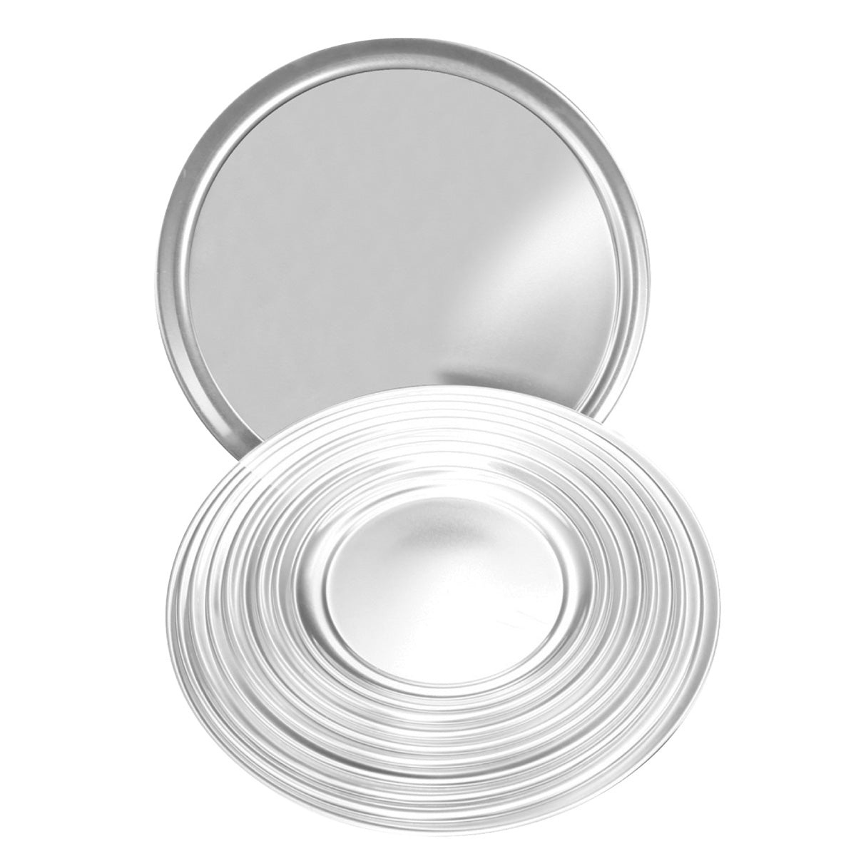 Multiple Thunder Group aluminum pizza trays stacked together showing efficient storage profile