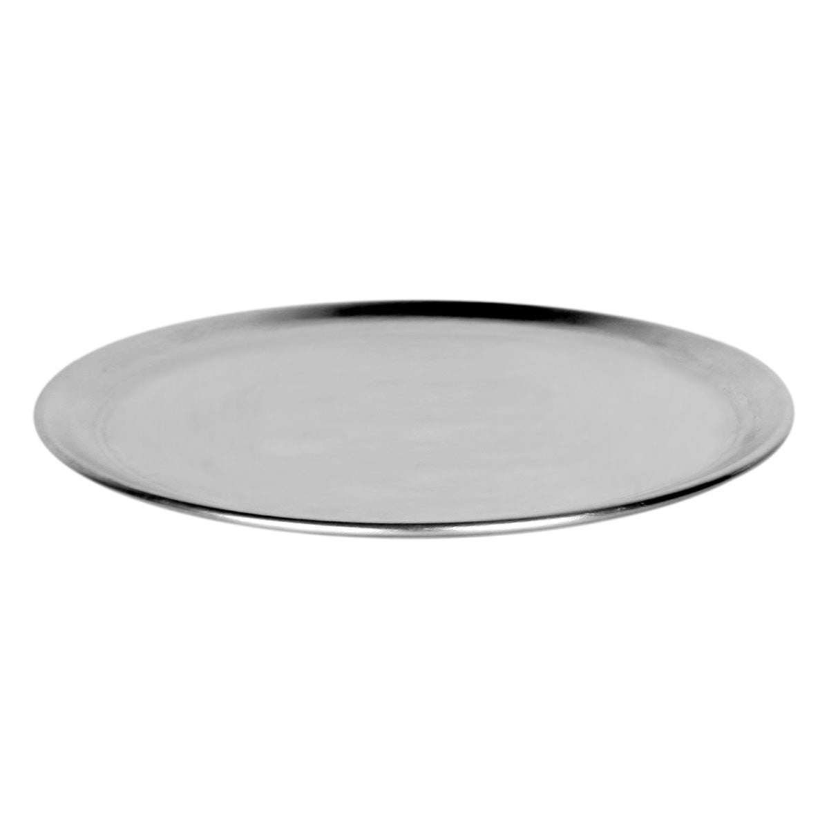 Angled side view of Thunder Group aluminum pizza tray showing shallow profile and rolled edge