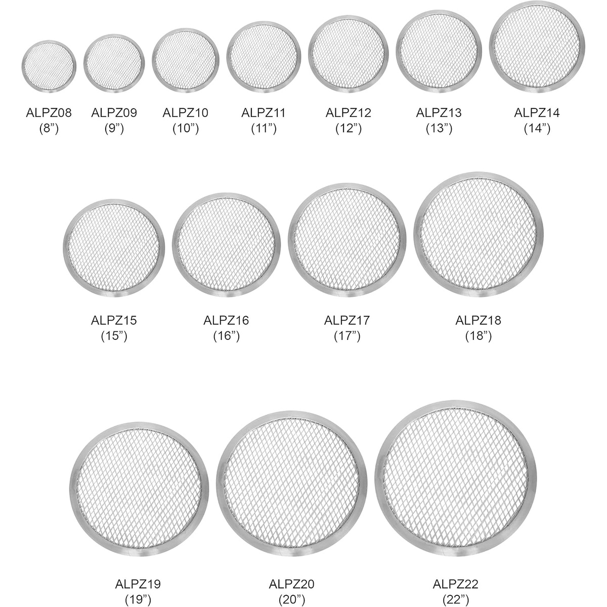 Size comparison chart showing the full Thunder Group ALPZ series pizza screens ranging from 8 inches to 22 inches