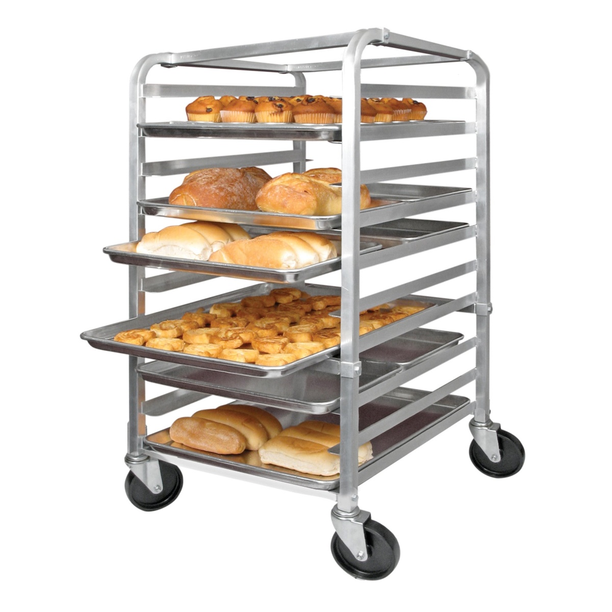 Winco ALRK-10 aluminum sheet pan rack fully loaded with baked goods including muffins, bread loaves, and pastries on multiple tiers