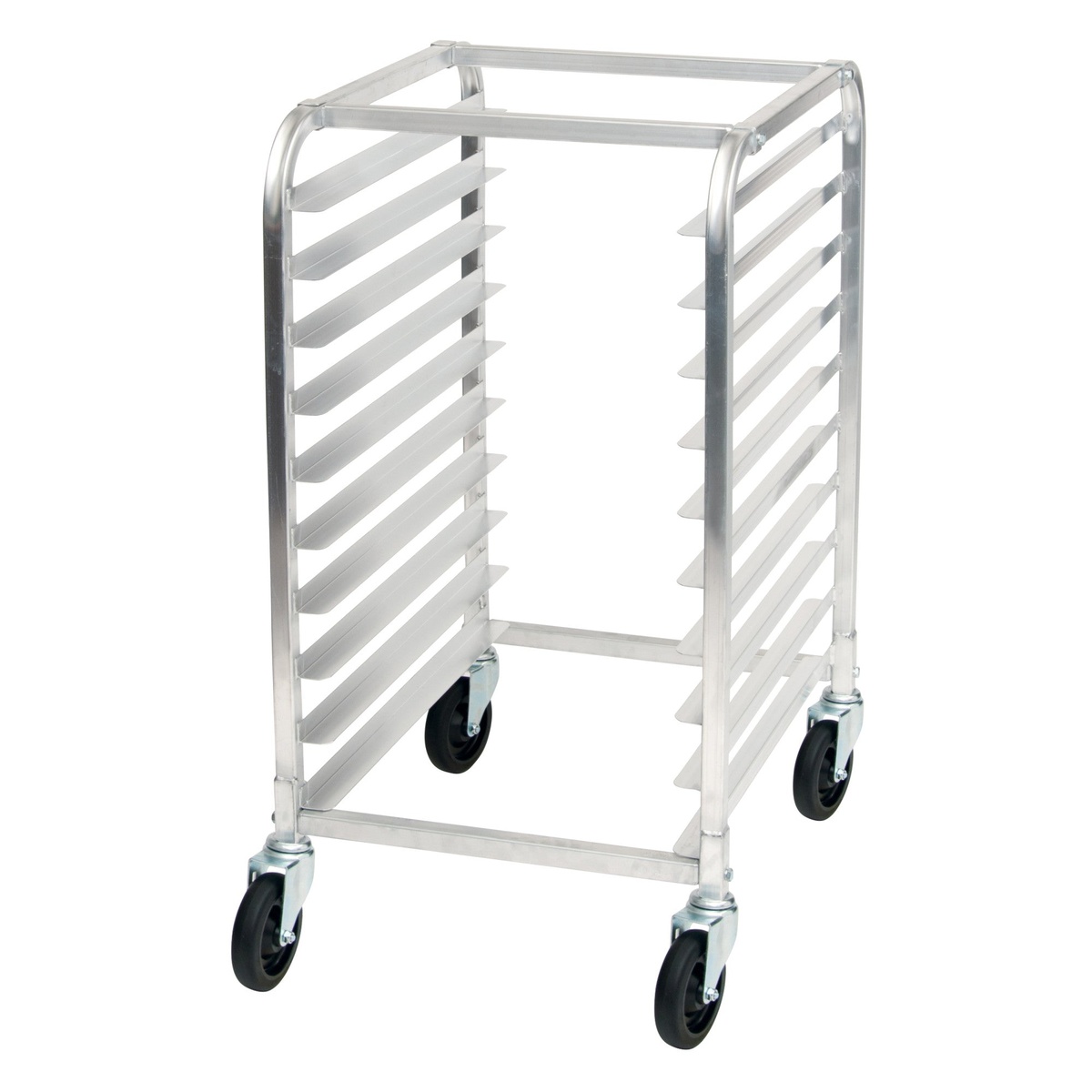 Winco ALRK-10 10-tier aluminum sheet pan rack with four swivel casters on white background