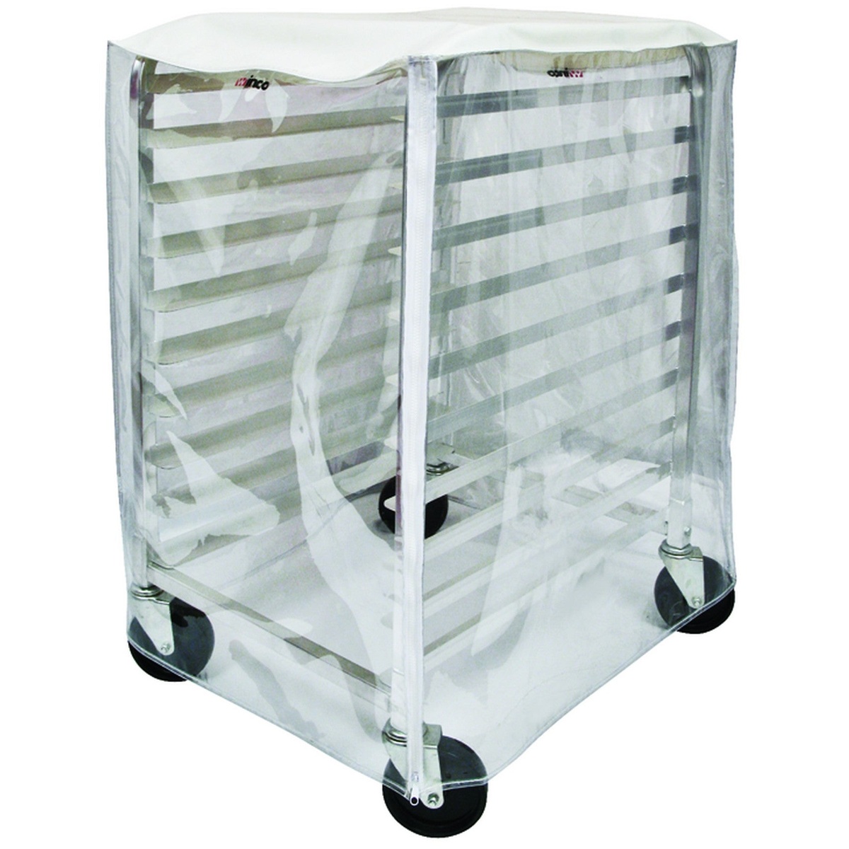 Winco ALRK-10 sheet pan rack covered with a clear vinyl protective cover with zipper closure