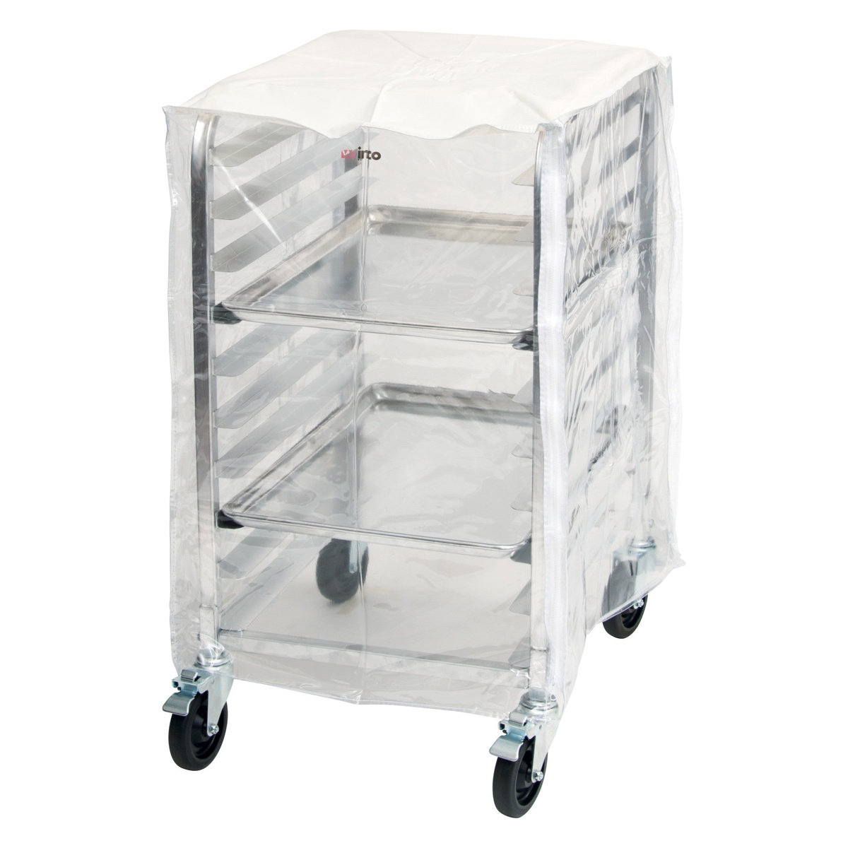 Winco ALRK-10-CV clear rack cover showing loaded sheet pans visible through the transparent plastic