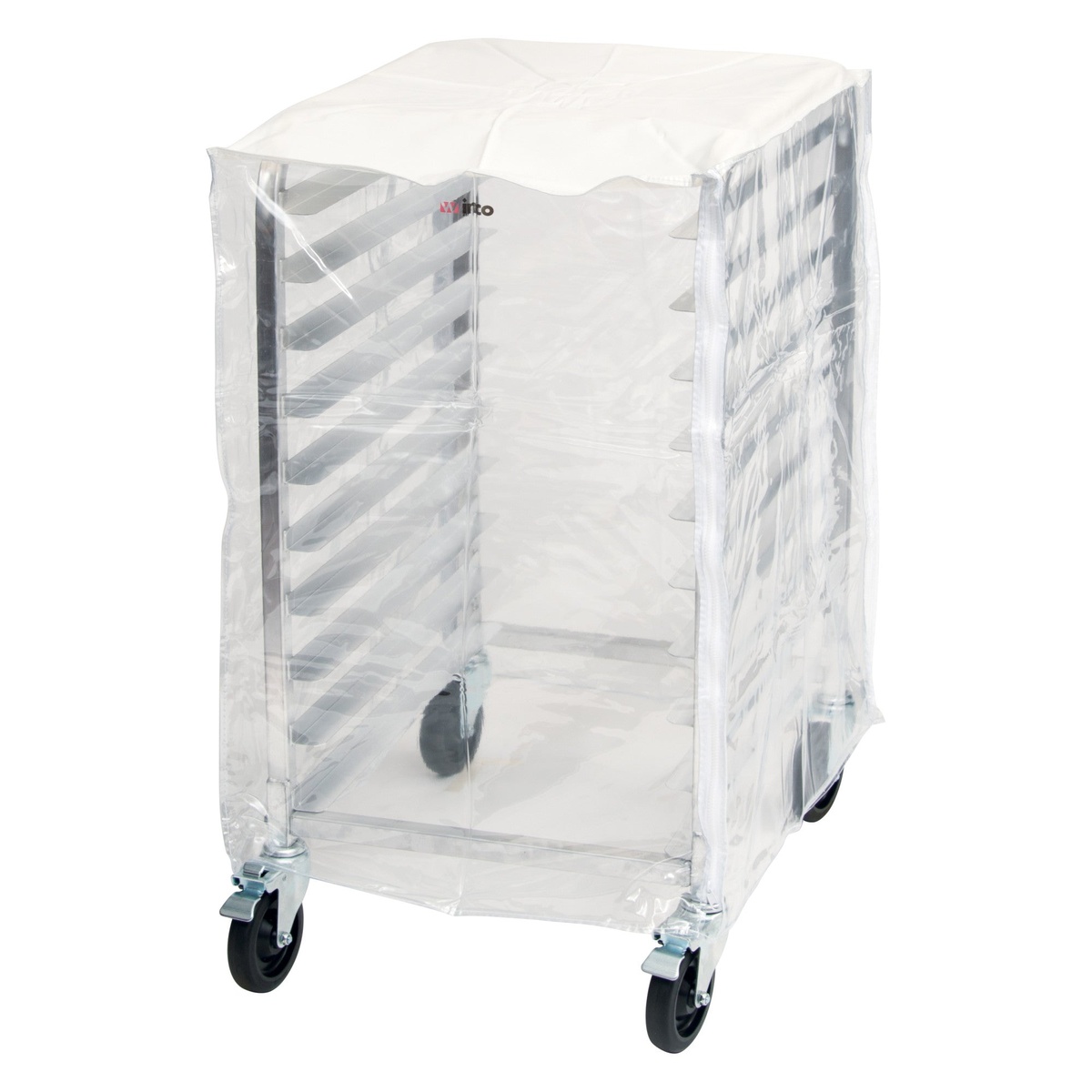 Winco ALRK-10-CV transparent plastic cover fully enclosing a 10-tier sheet pan rack on casters