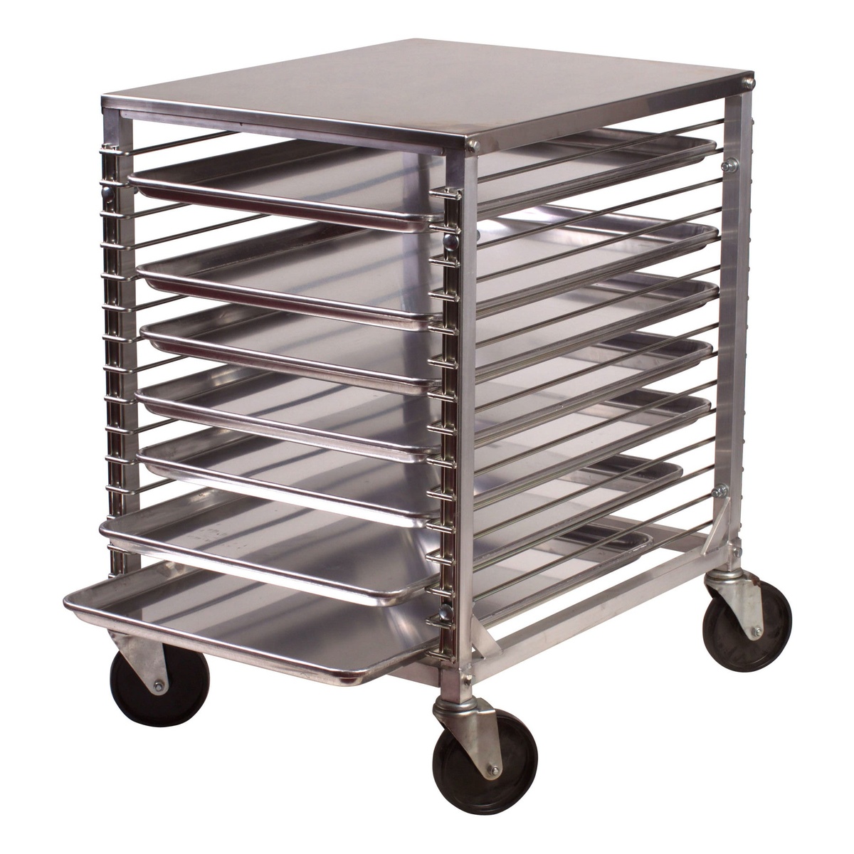 Winco ALRK-15 sheet pan rack fully loaded with aluminum baking sheet pans across all 15 tiers