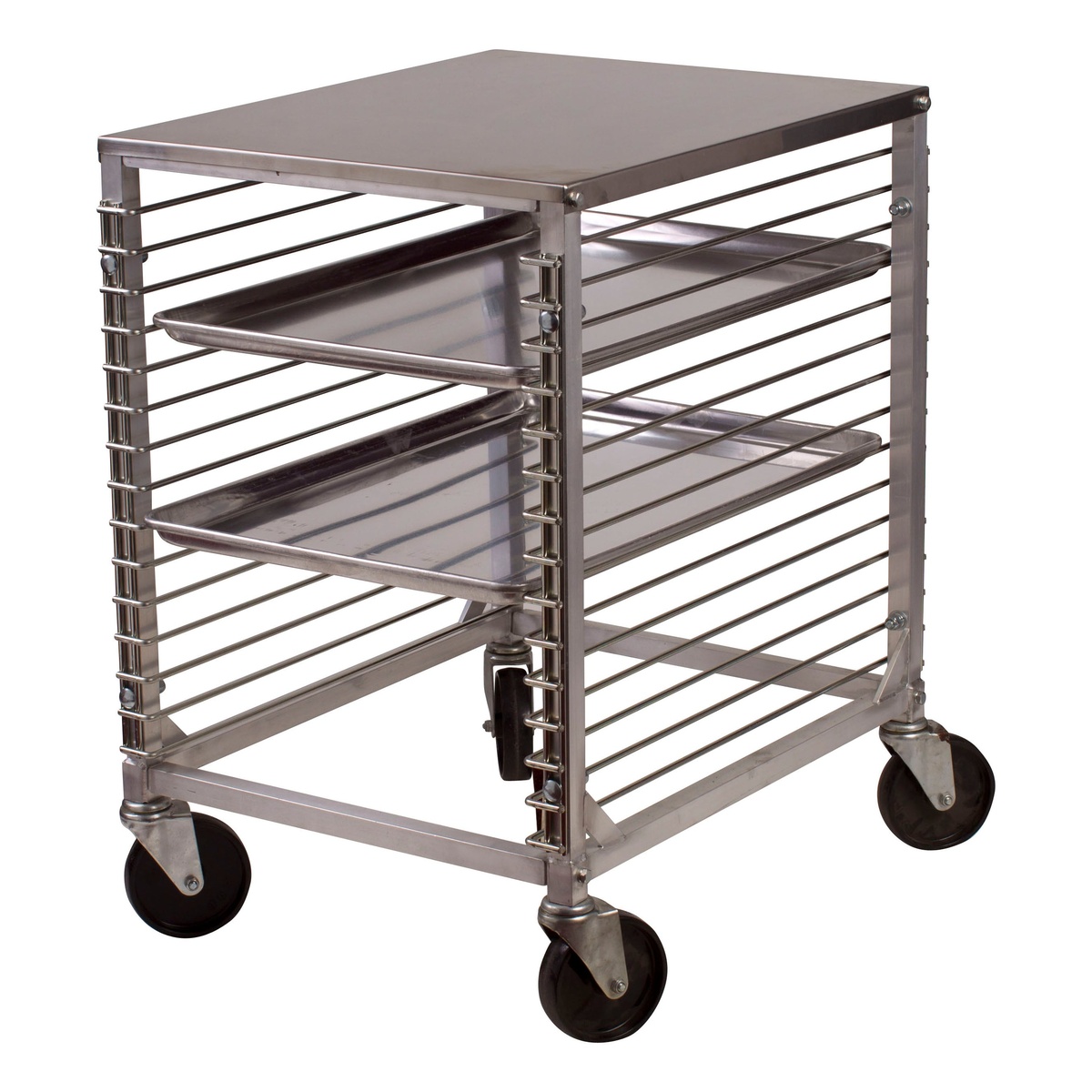 Winco ALRK-15 sheet pan rack shown at an angle with a few sheet pans loaded, highlighting the end-load slide design and swivel casters
