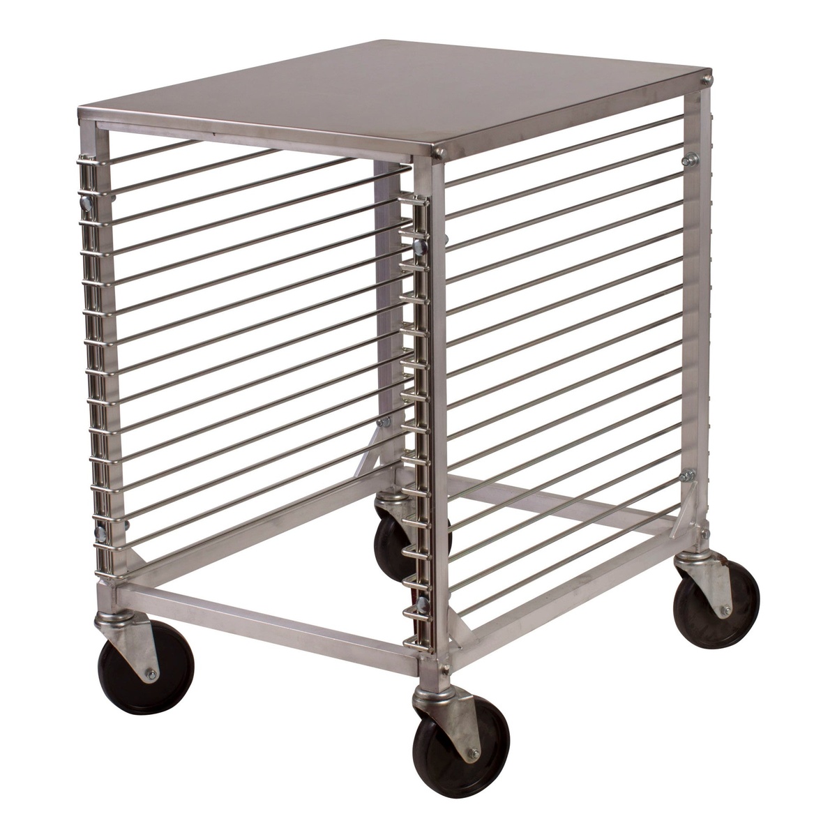 Winco ALRK-15 aluminum 15-tier sheet pan rack on swivel casters, empty, showing solid worktop and end-load slides