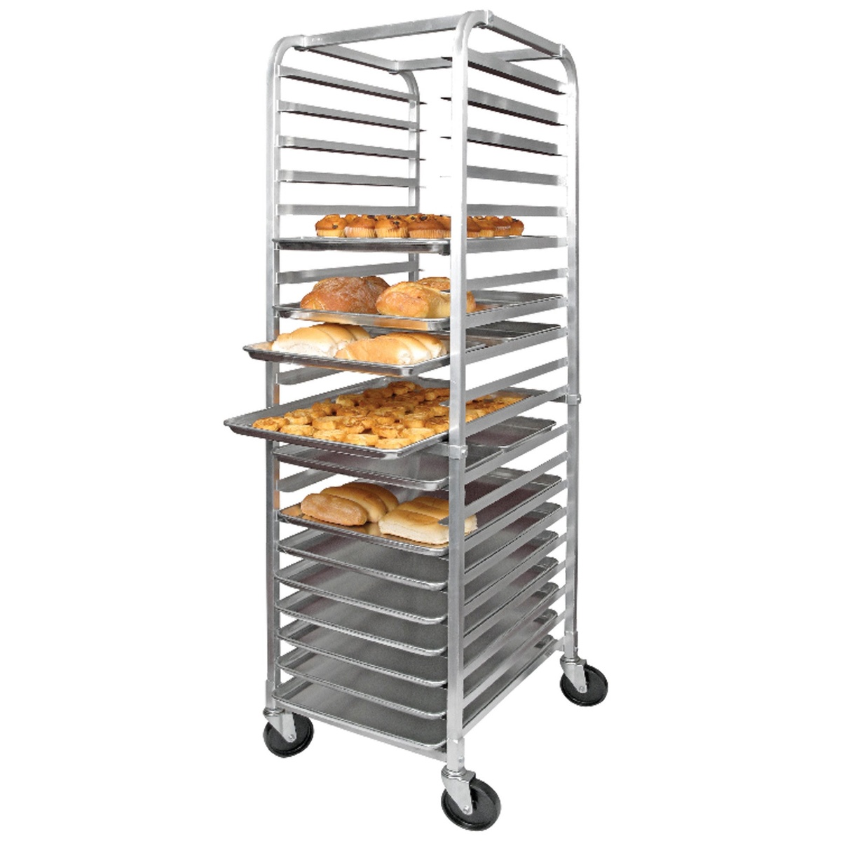 Winco ALRK-20 aluminum sheet pan rack loaded with multiple sheet pans holding baked goods including rolls, muffins, and pastries
