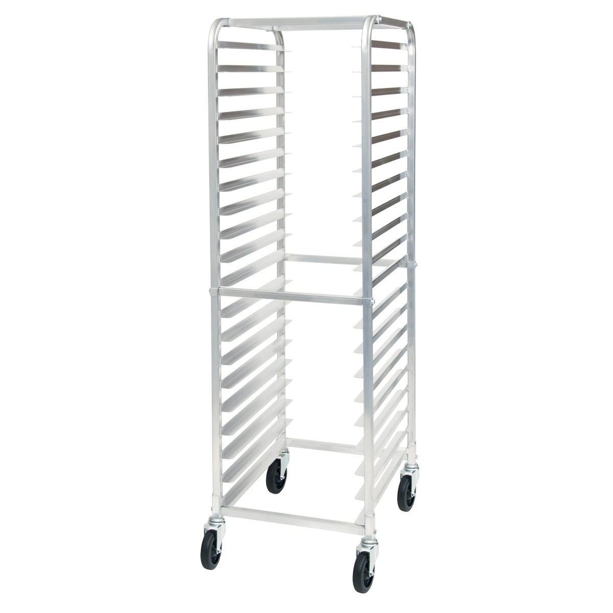 Winco ALRK-20 aluminum 20-tier sheet pan rack with four swivel casters, empty and fully assembled