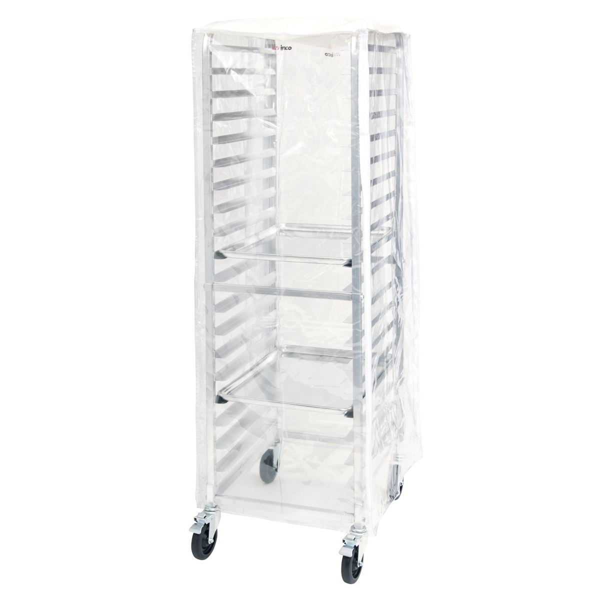 Winco ALRK-20-CV clear vinyl cover on a loaded 20-tier sheet pan rack showing visible pans inside