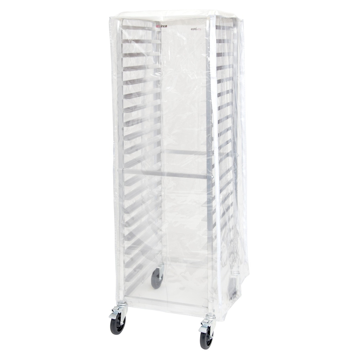 Winco ALRK-20-CV clear vinyl cover fully enclosing a 20-tier sheet pan rack on casters