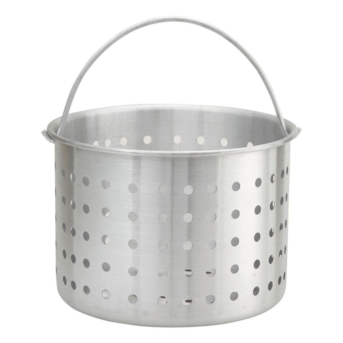 Winco ALSB-80 80-quart perforated aluminum steamer basket with carry handle on white background