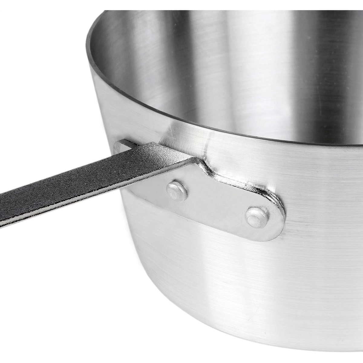 Close-up of the riveted plated iron handle attachment on the Thunder Group ALSF001 fryer sauce pan