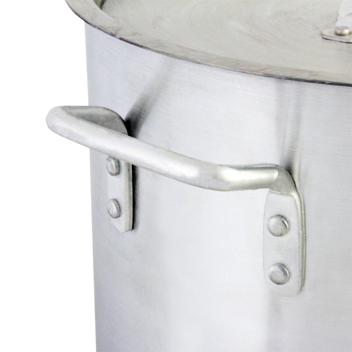 Close up of the heavy duty riveted handle on the aluminum stock pot
