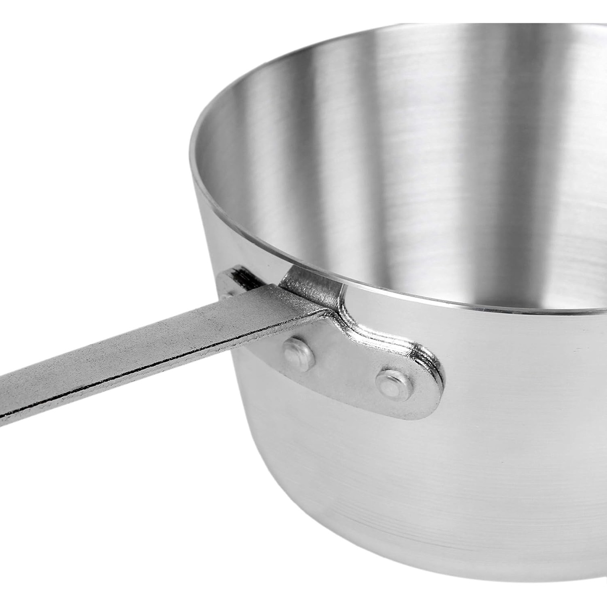 Close-up of riveted plated iron handle attached to Thunder Group aluminum sauce pan