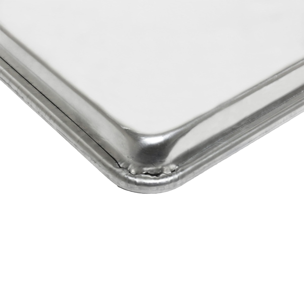 Close-up of the open bead edge corner on the Thunder Group aluminum sheet pan, showing reinforced rolled rim detail