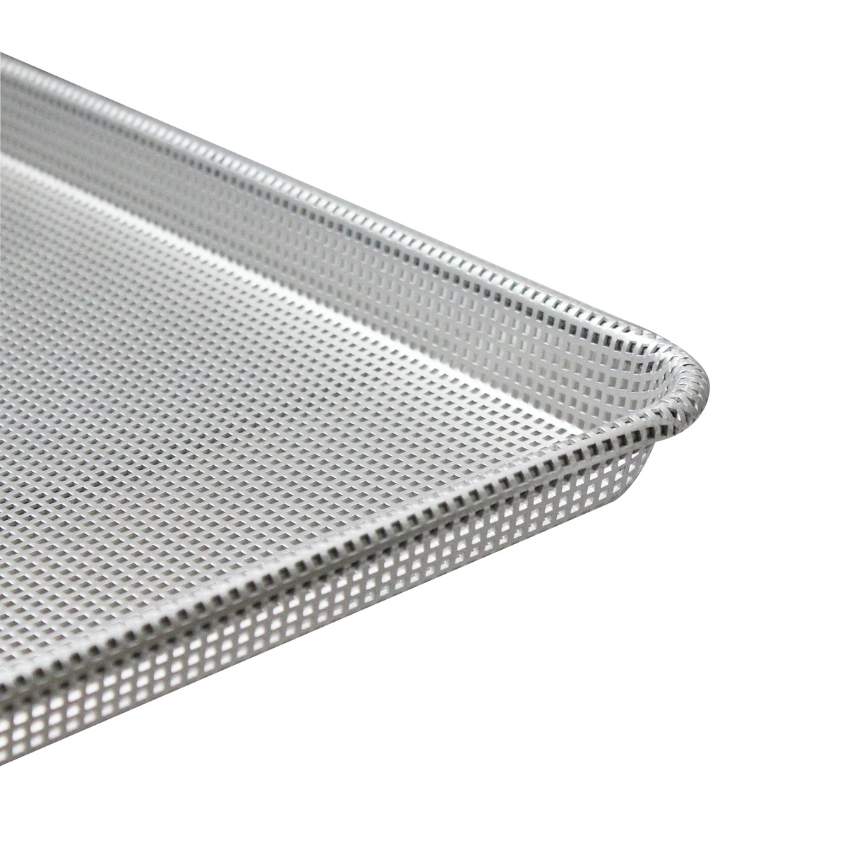 Close-up corner detail of Thunder Group ALSP1813PG perforated sheet pan showing rolled edge and square perforations