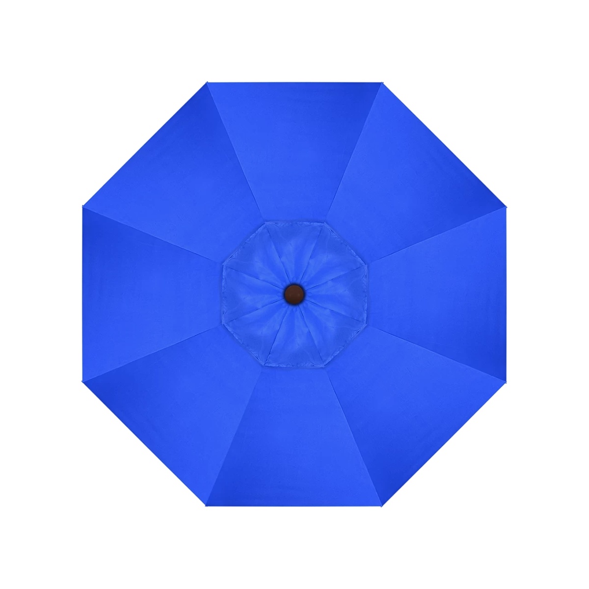 Top-down view of California Umbrella Venture Series showing eight-panel blue canopy with bronze center hub