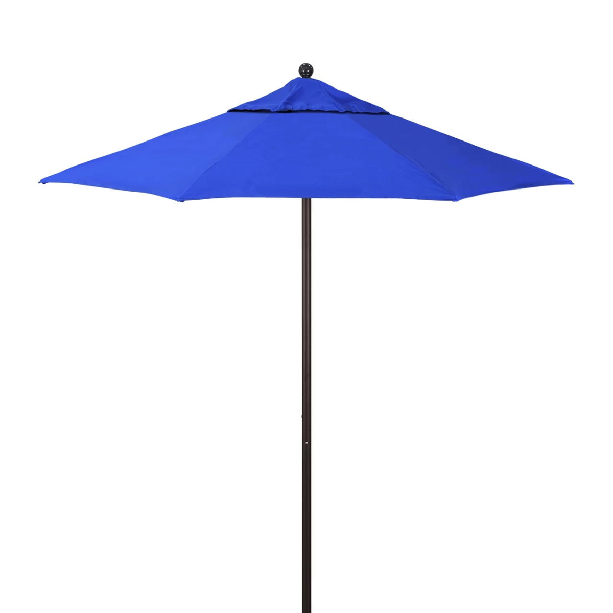 California Umbrella Venture Series 7.5ft round patio umbrella with blue canopy and dark bronze aluminum pole, full side view