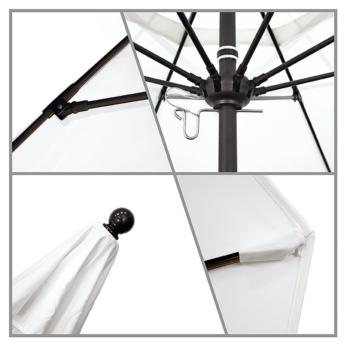 Multi-panel detail collage of the California Umbrella Venture Series showing rib hub assembly, push lift hook mechanism, ball finial, and canopy edge stitching