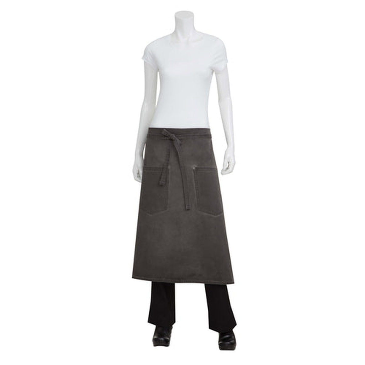 Chef Works Dorset Bistro Apron in pewter shown on a mannequin, displaying hip pockets and grommet ties