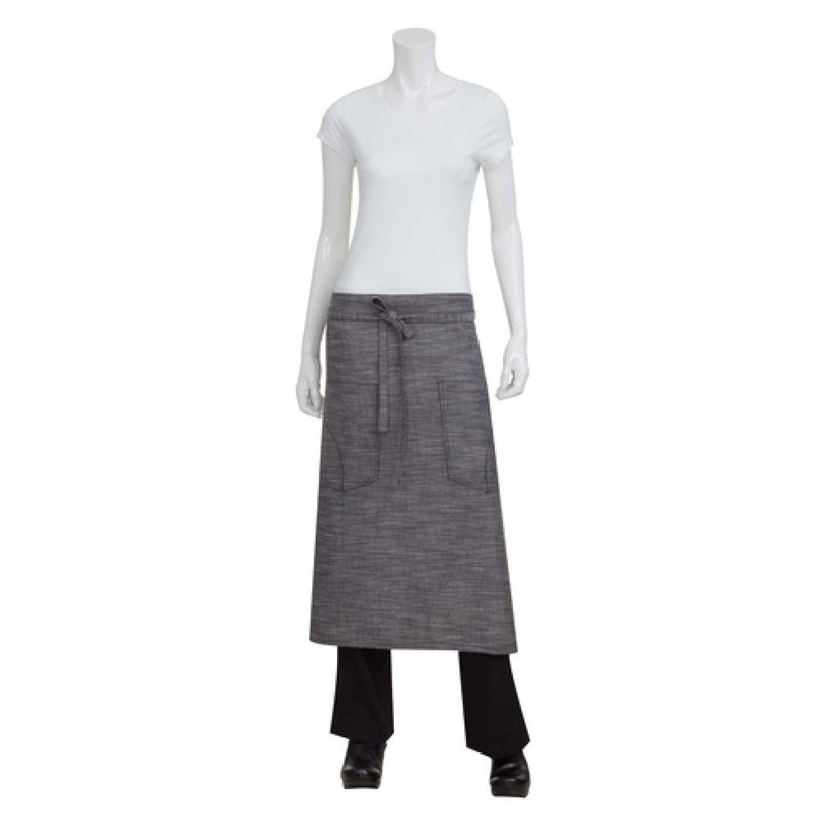 Chef Works Corvallis Bistro Waist Apron in black-steel gray crosshatch cotton denim displayed on mannequin