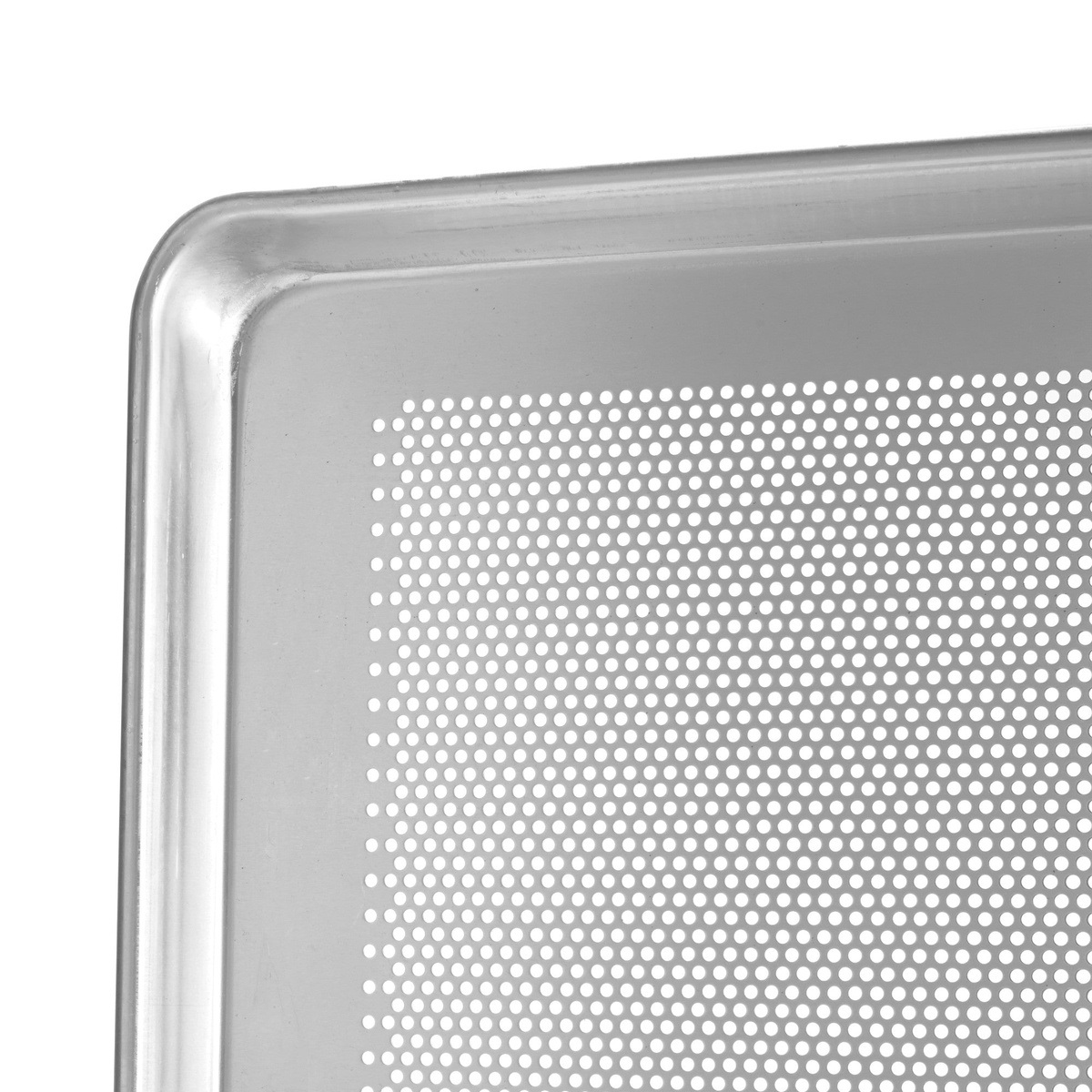 Close-up detail of Winco ALXP-1318P sheet pan corner showing dense 1/8-inch perforations and reinforced closed bead rim