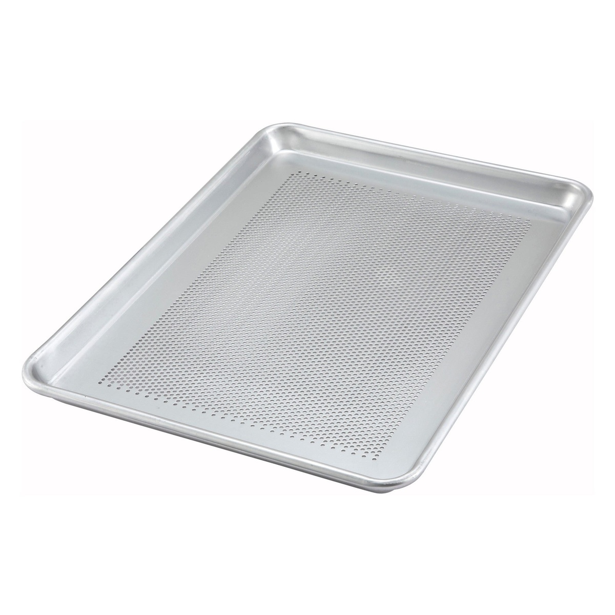 Winco ALXP-1318P half-size perforated aluminum sheet pan, angled overhead view showing full perforated surface and closed bead rim