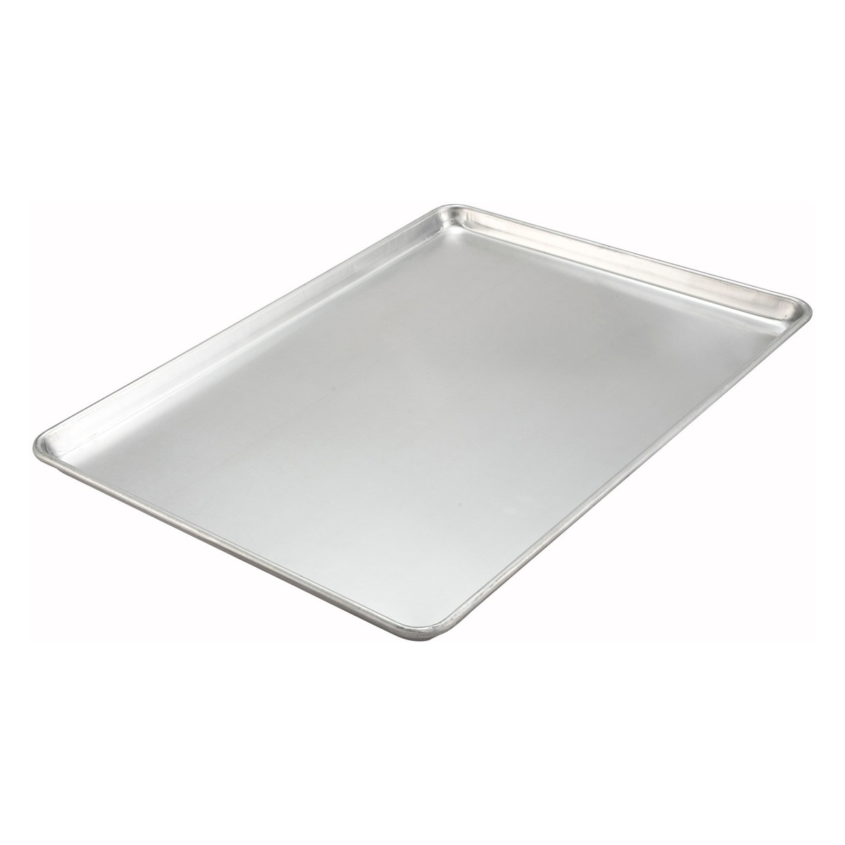 Winco ALXP-1826 full-size aluminum sheet pan with closed bead rim, angled view showing smooth surface and reinforced edges