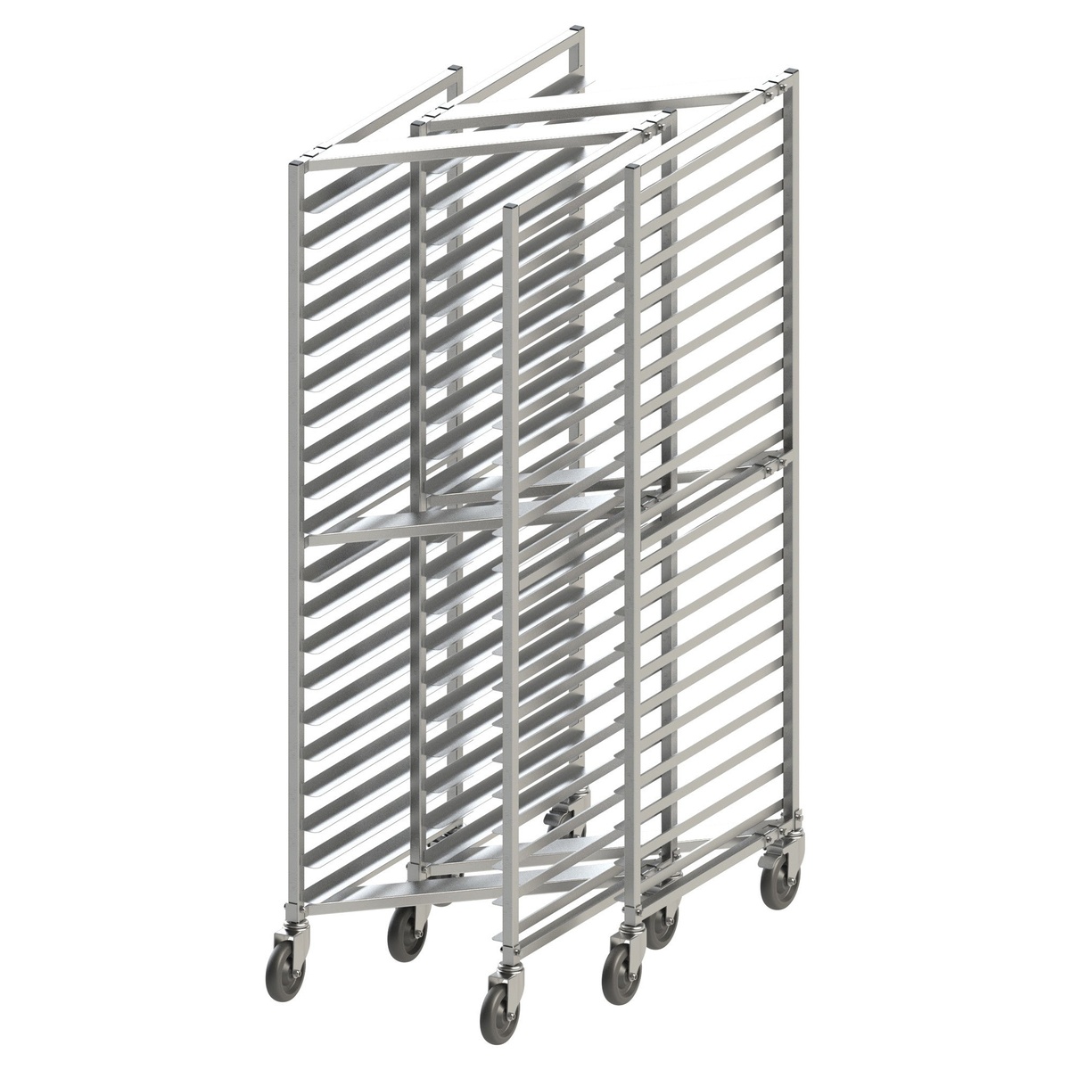 Two Winco ALZK-20BK aluminum sheet pan racks nested together showing Z-frame compact storage design