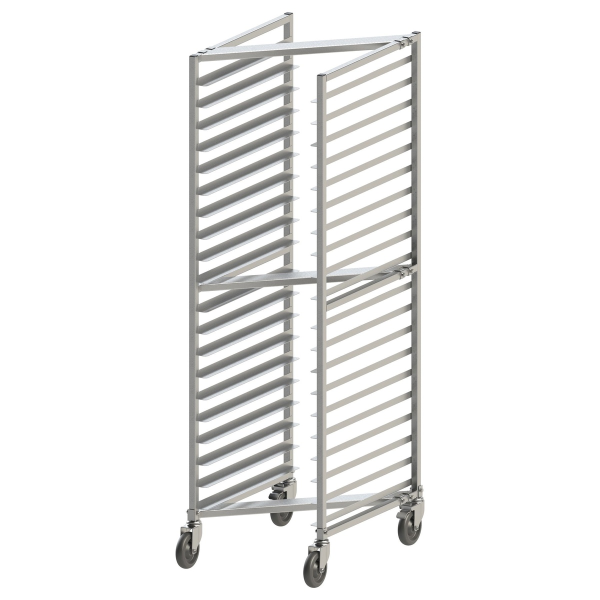 Winco ALZK-20BK 20-tier aluminum nesting sheet pan rack with four swivel casters on white background