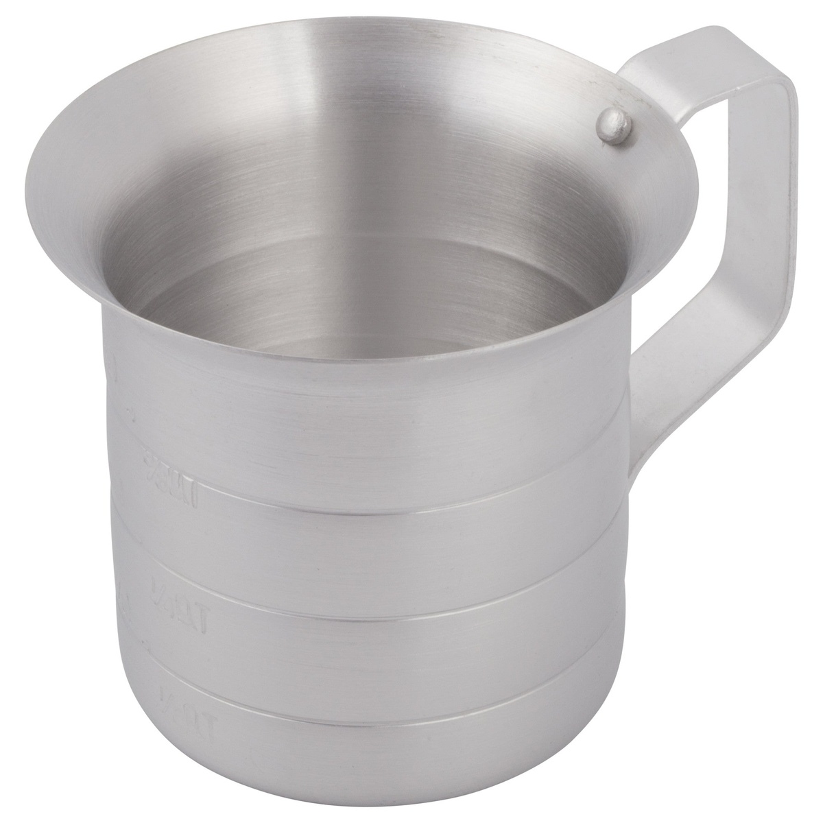 Winco AM-05 silver aluminum measuring cup with riveted handle and embossed capacity markings