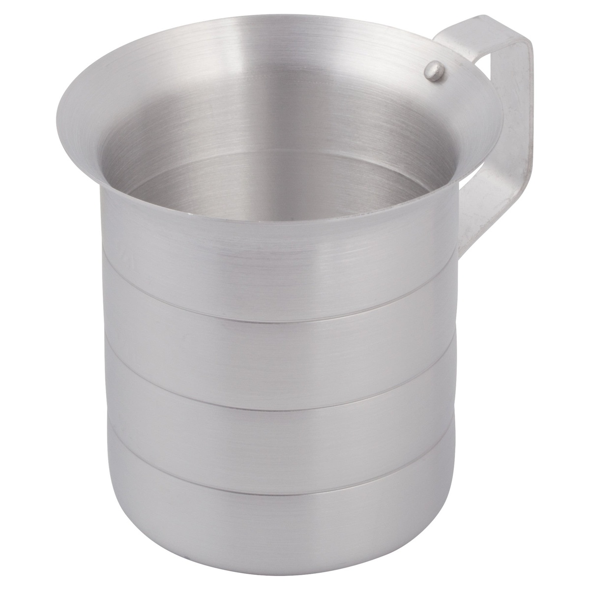 Winco AM-1 1-quart aluminum measuring cup with riveted handle and capacity markings, silver finish