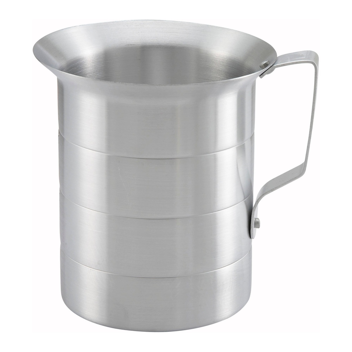 Winco AM-2 2-quart aluminum measuring cup with handle and measurement grooves, front view