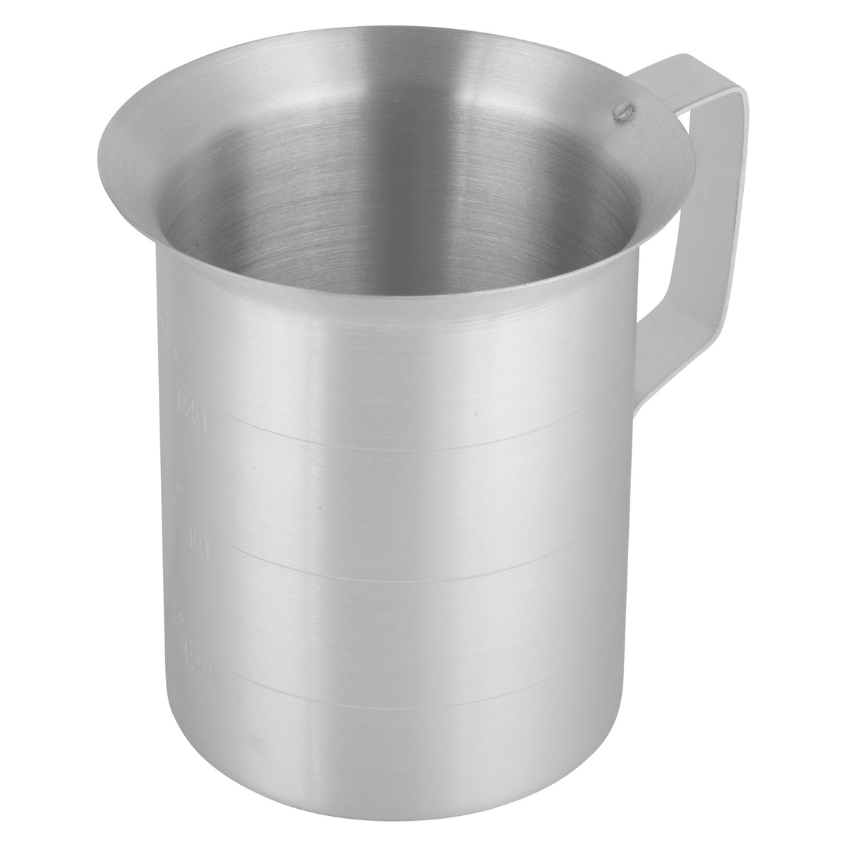 Winco AM-2 2-quart aluminum measuring cup showing embossed measurement markings on the side
