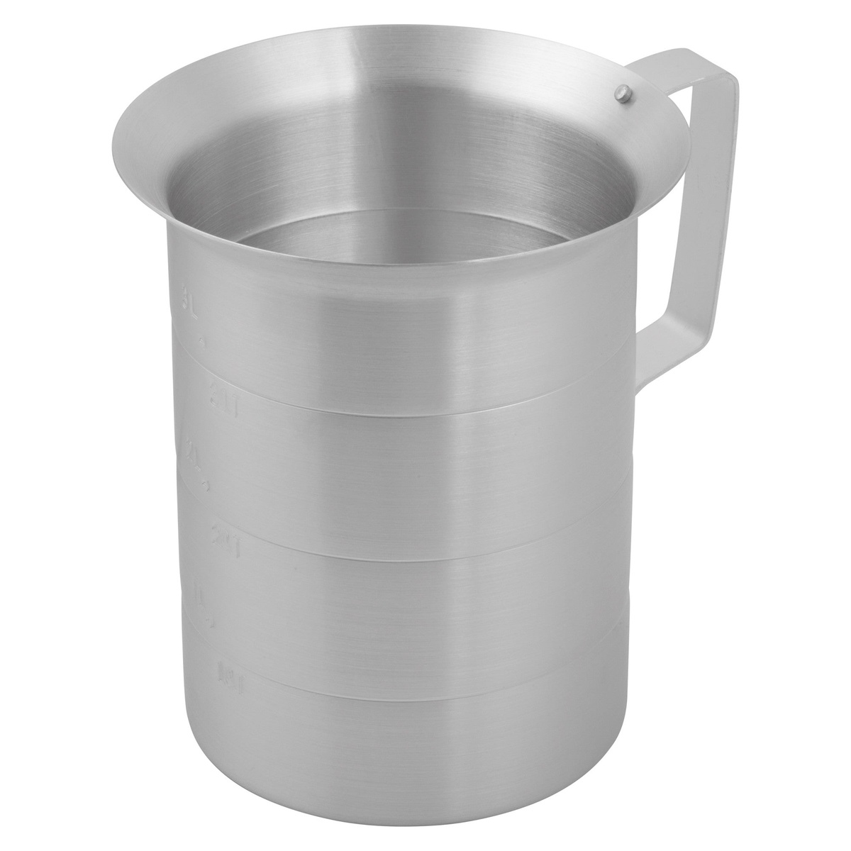 Winco AM-4 4-quart aluminum measuring cup with riveted handle and embossed capacity markings