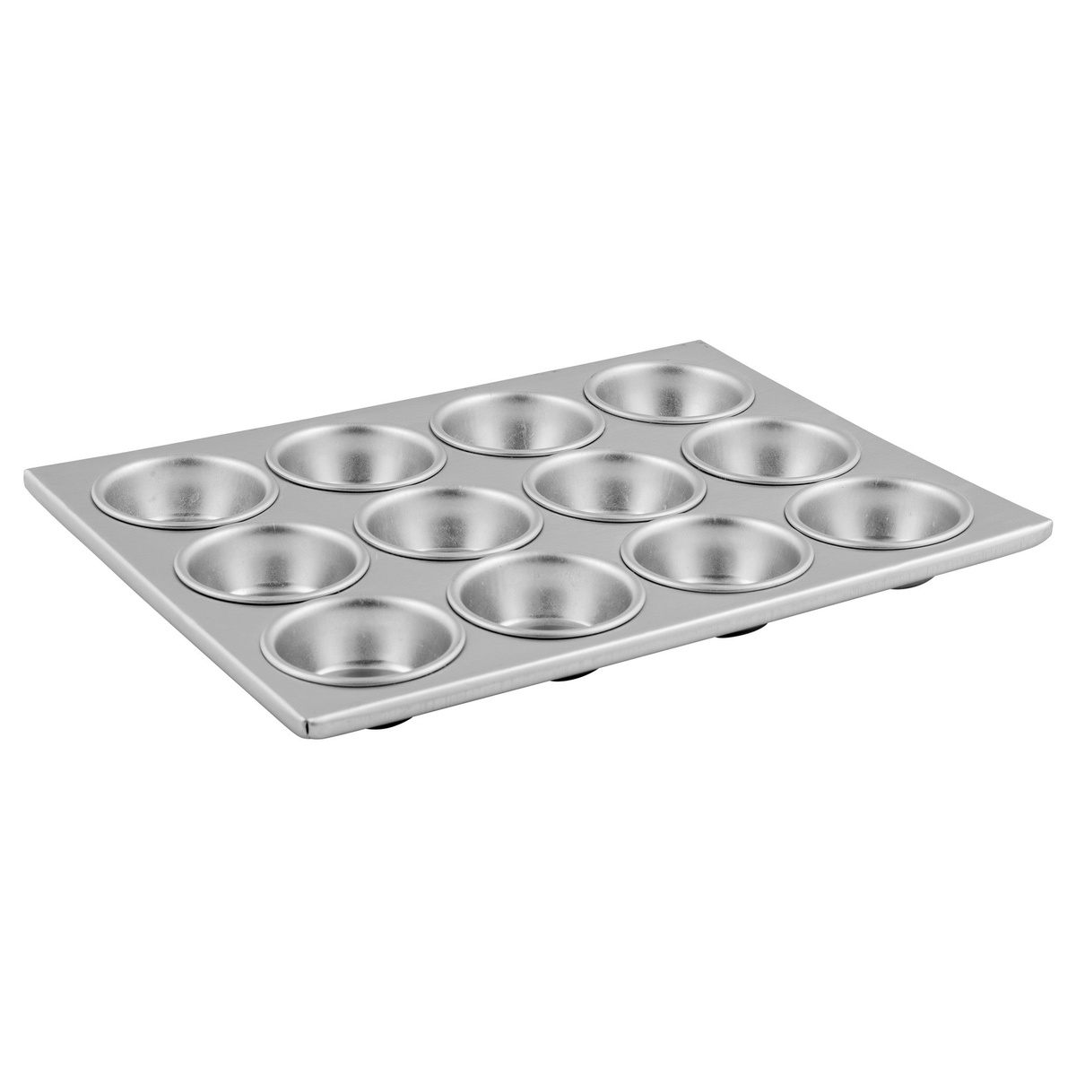 Winco AMF-12 12-cup aluminum muffin pan shown from an angle against a white background