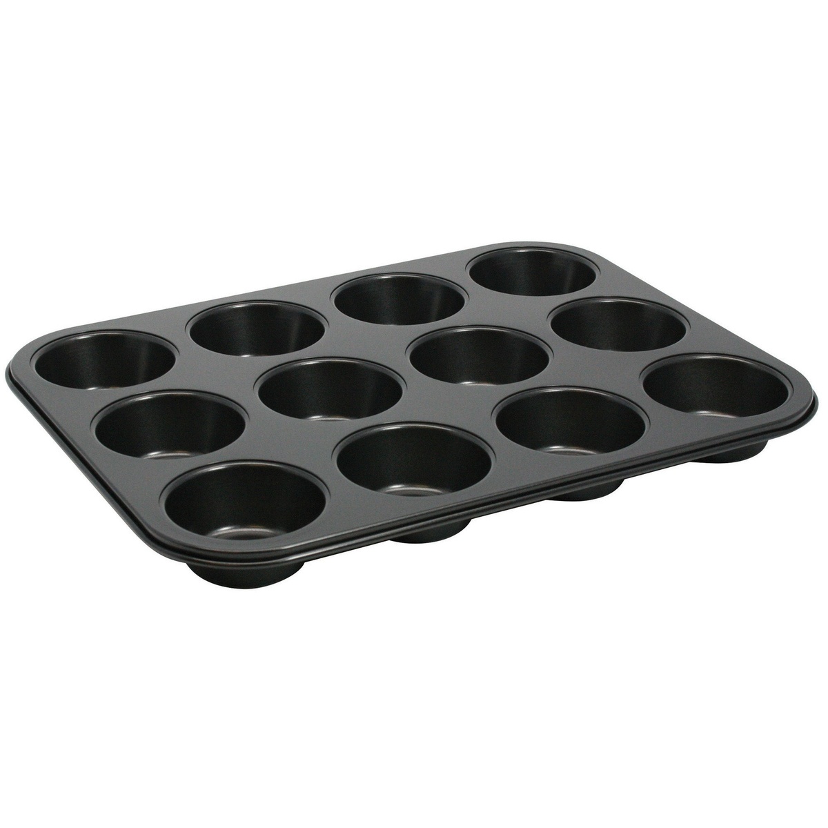 Winco AMF-12NS 12-cup non-stick carbon steel muffin pan on white background