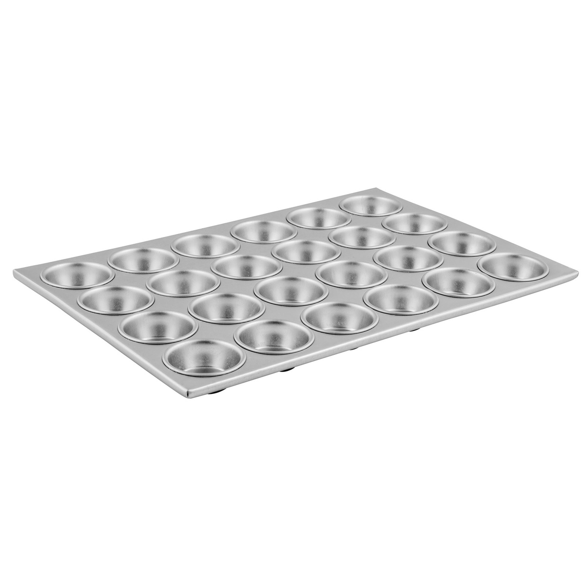Winco AMF-24 24-cup aluminum muffin pan angled side view showing cup arrangement