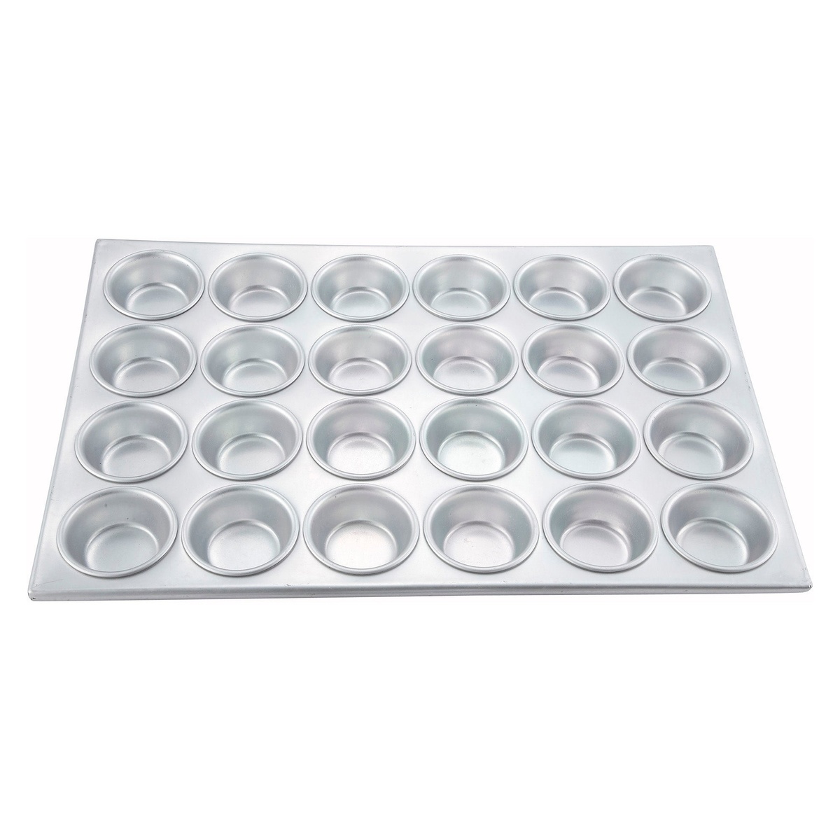 Winco AMF-24 24-cup aluminum muffin pan overhead angled view showing cup layout