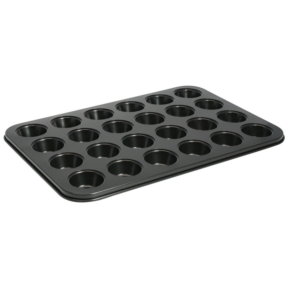 Winco AMF-24MNS 24-cup non-stick mini muffin pan in dark non-stick finish, viewed from an angle showing all cup wells