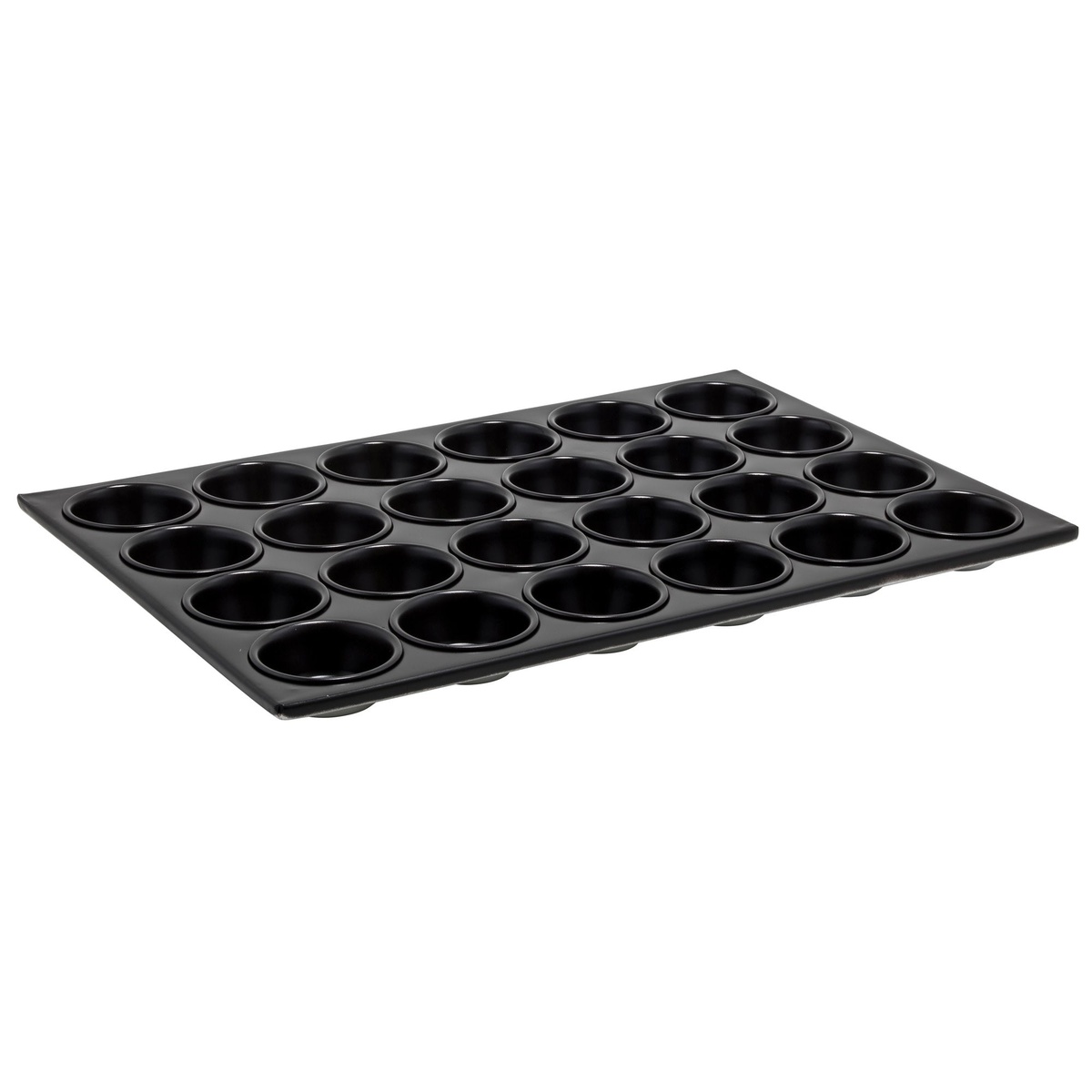 Winco AMF-24NS 24-cup non-stick black aluminum muffin pan, angled view