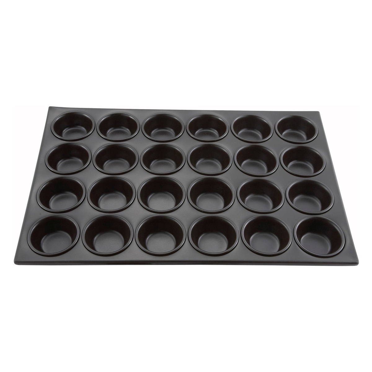 Winco AMF-24NS 24-cup non-stick black aluminum muffin pan, top-down view showing all cups