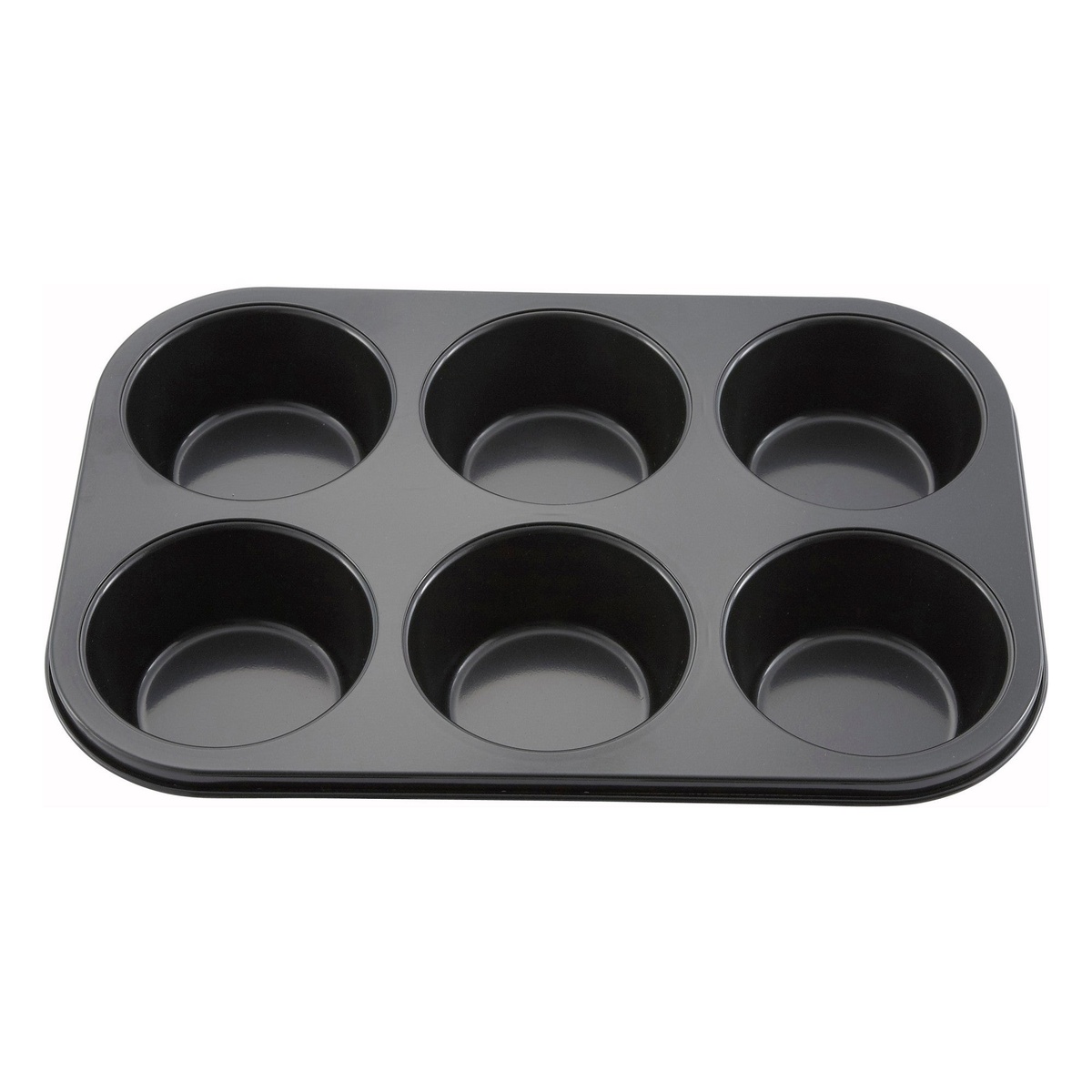 Winco AMF-6NS 6-cup black non-stick jumbo muffin pan, overhead view showing all six uniform cups