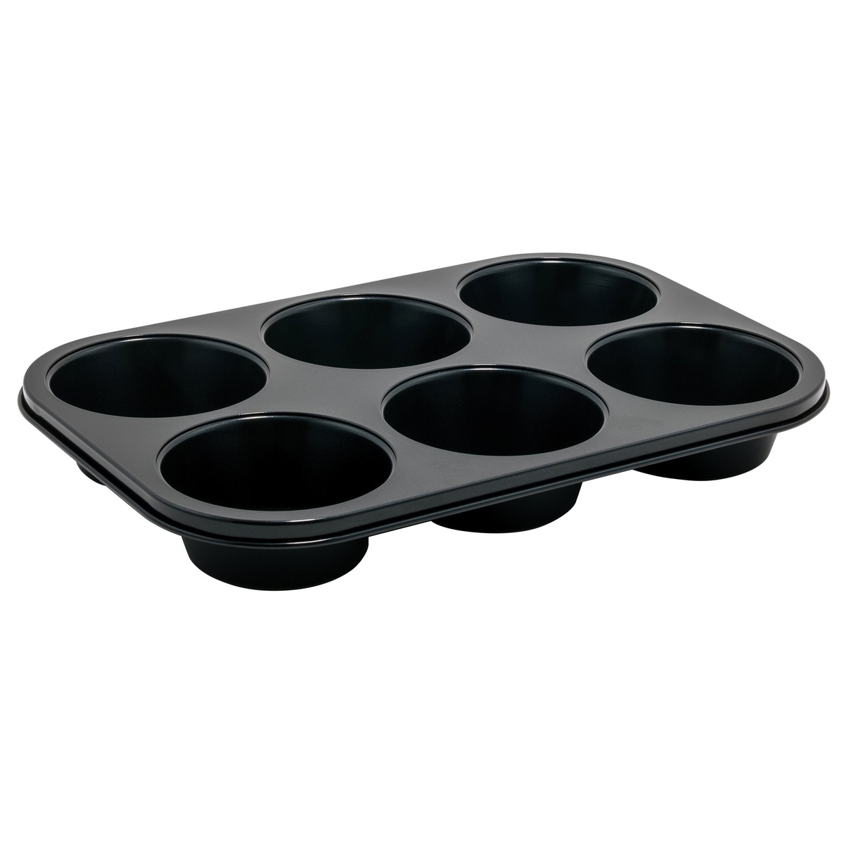 Winco AMF-6NS 6-cup black non-stick jumbo muffin pan, angled view showing deep round cups