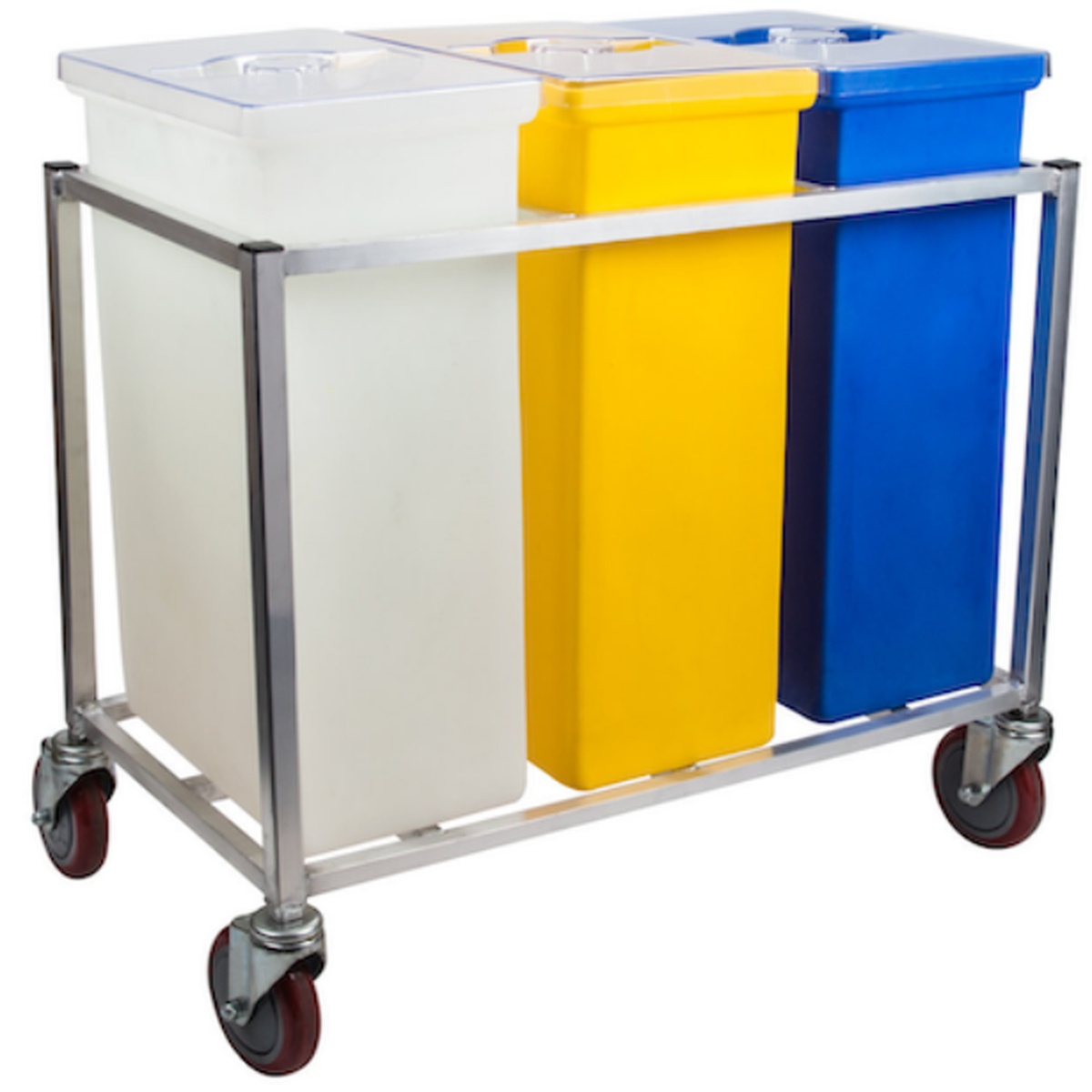 AMFC-173123WELD Enhanced mobile ingredient bin cart with welded stainless steel frame holding three color-coded bins on swivel casters