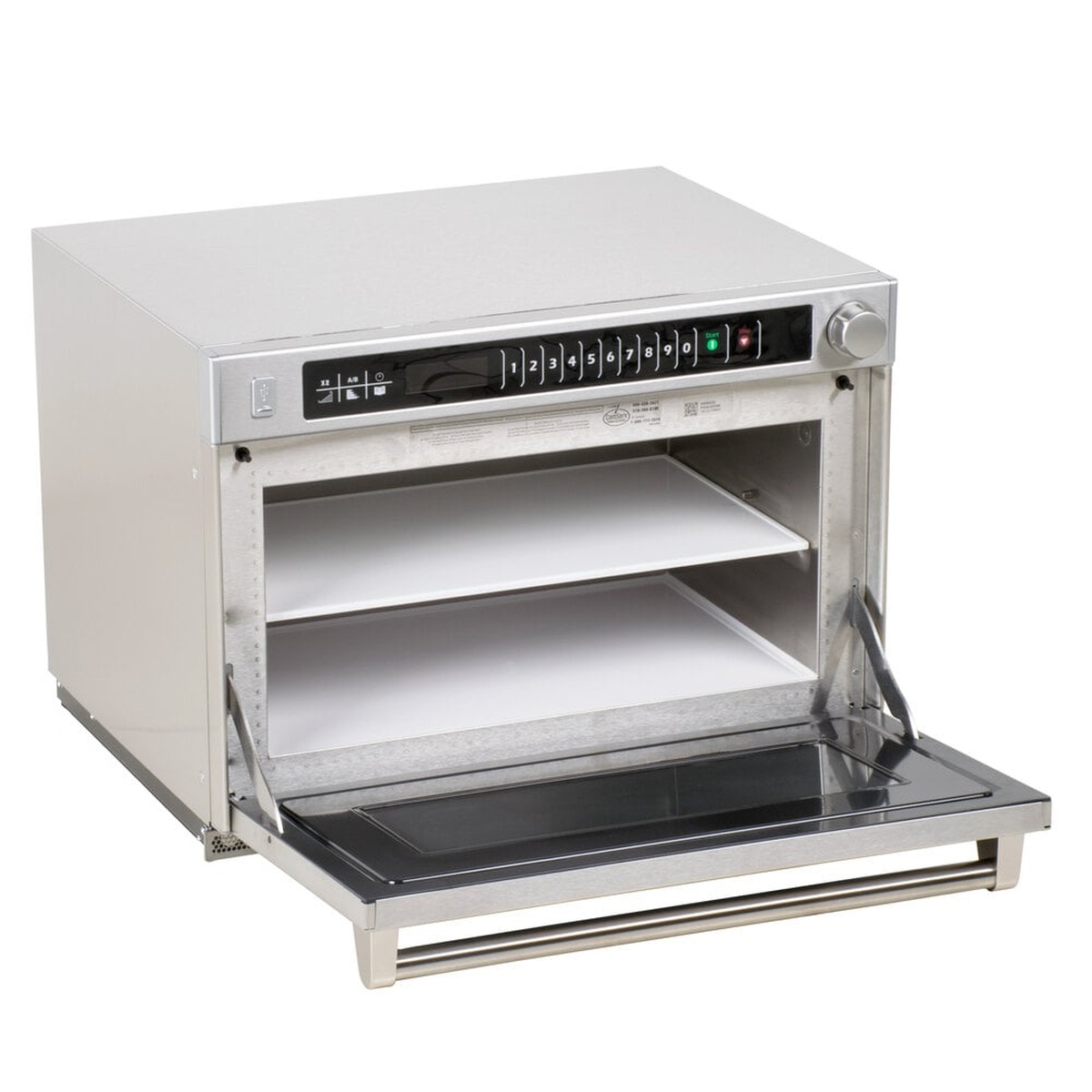 Open door view of the Amana AMSO22 interior with two shelves