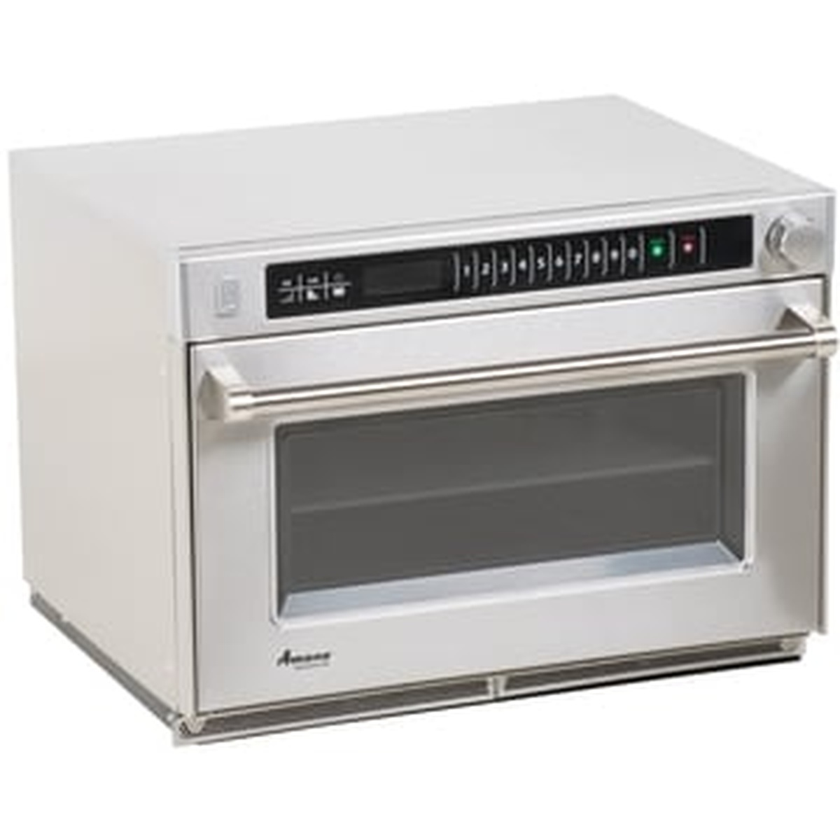 Amana AMSO35 steamer microwave oven with pull-down door, angled view