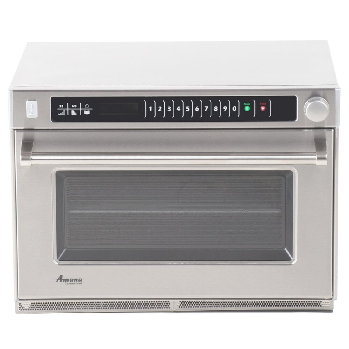 Front view of Amana AMSO35 commercial steamer microwave oven showing touch controls and window